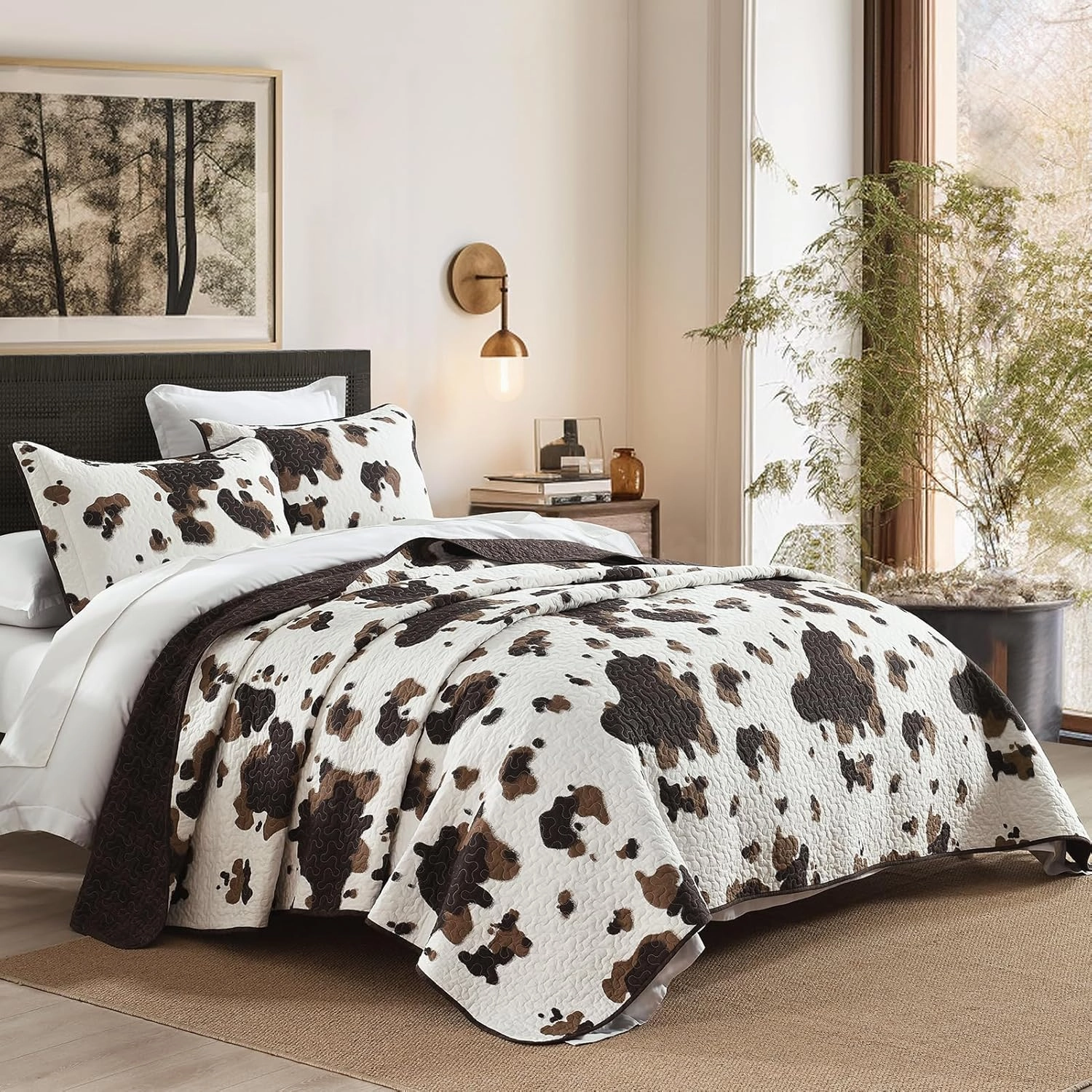 PANGUSHAN 100% Cotton Quilt King Size, Cow Print King Bedspread, King Size Lightweight Comforter, Reversible Western Bedding Set, Rustic Farmhouse Quilt with Pillow Shams, 3 Piece, Brown