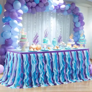 PARTISKY Mermaid Tulle Tutu Ruffle Curly Willow Table Skirt for Rectangle Table 9ft, Mermaid Themed Party Table Cloth for Girls Birthday Party or Baby Shower