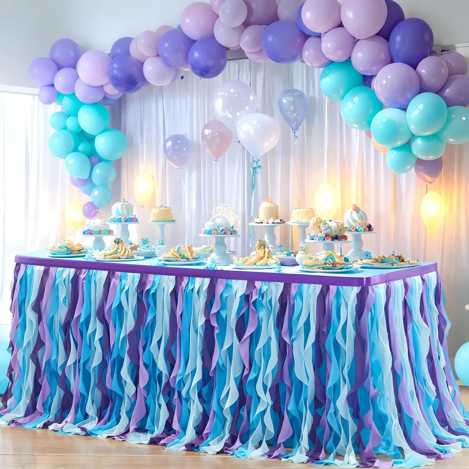 PARTISKY Mermaid Tulle Tutu Ruffle Curly Willow Table Skirt for Rectangle Table 9ft, Mermaid Themed Party Table Cloth for Girls Birthday Party or Baby Shower
