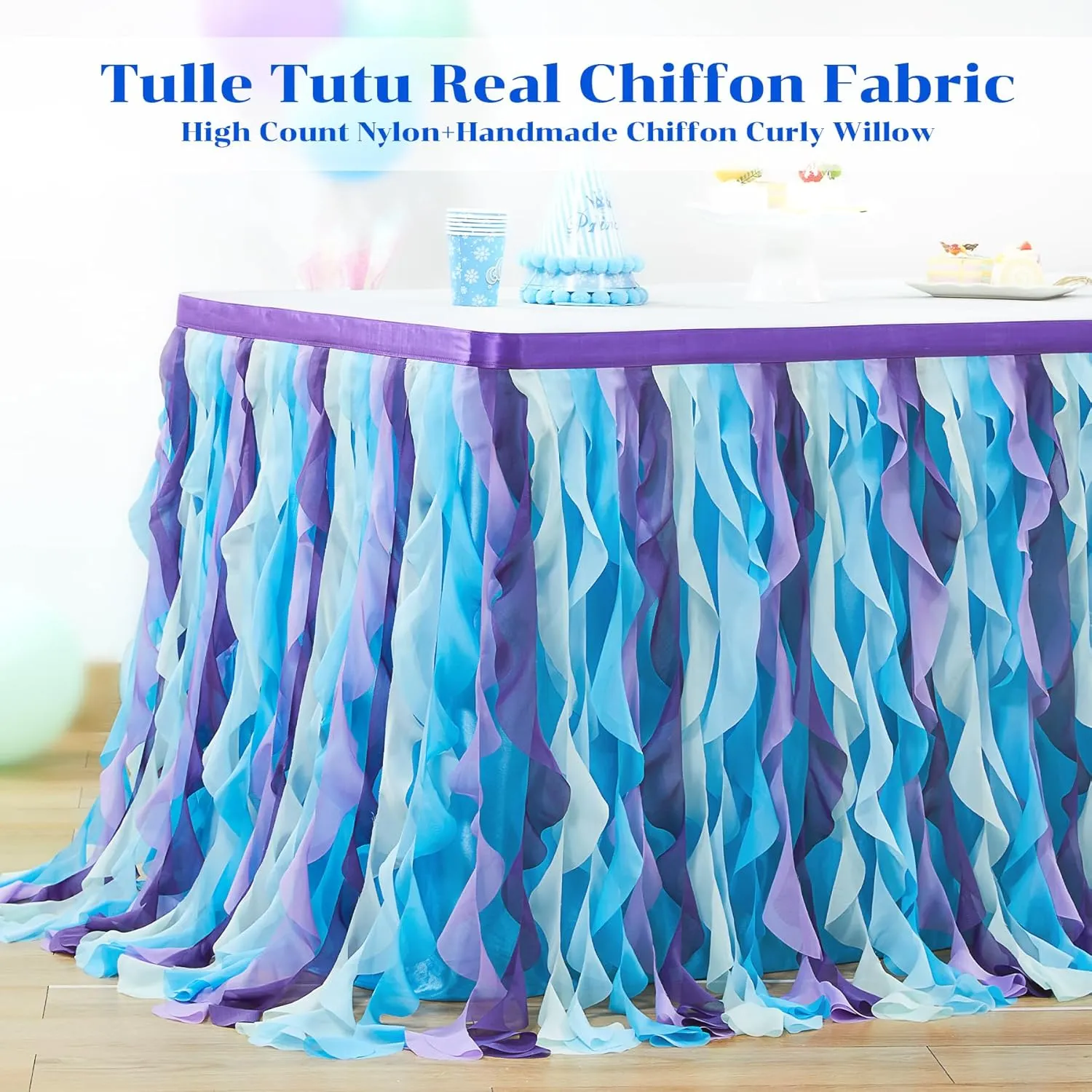 PARTISKY Mermaid Tulle Tutu Ruffle Curly Willow Table Skirt for Rectangle Table 9ft, Mermaid Themed Party Table Cloth for Girls Birthday Party or Baby Shower