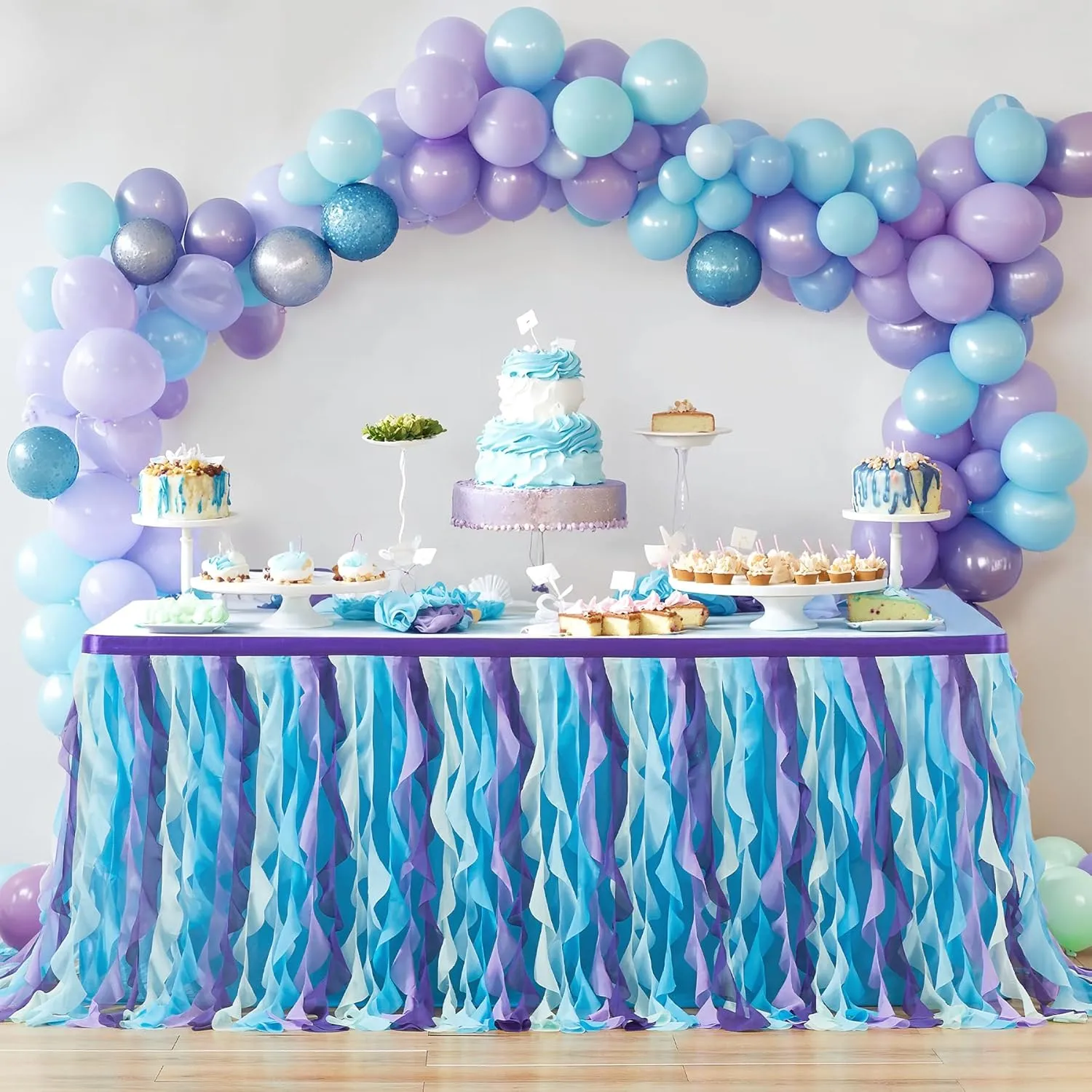 PARTISKY Mermaid Tulle Tutu Ruffle Curly Willow Table Skirt for Rectangle Table 9ft, Mermaid Themed Party Table Cloth for Girls Birthday Party or Baby Shower