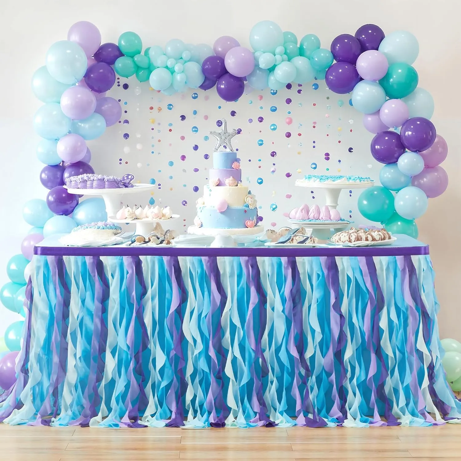 PARTISKY Mermaid Tulle Tutu Ruffle Curly Willow Table Skirt for Rectangle Table 9ft, Mermaid Themed Party Table Cloth for Girls Birthday Party or Baby Shower