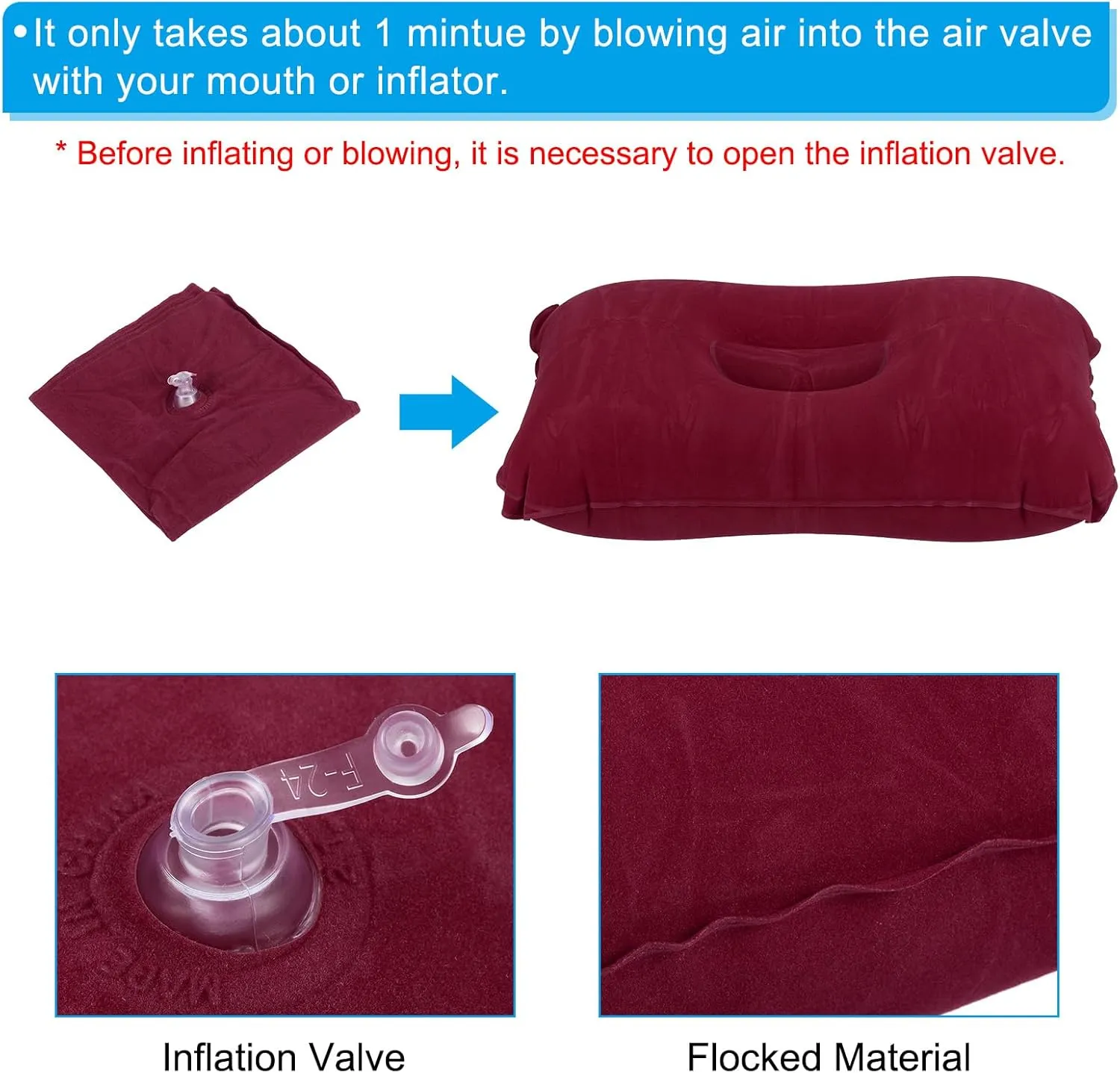PATIKIL Inflatable Pillow, 4 Pack Ultralight Camping Travel Pillow Desk Rest Neck Support for Hiking Backpacking Office, Wine Red