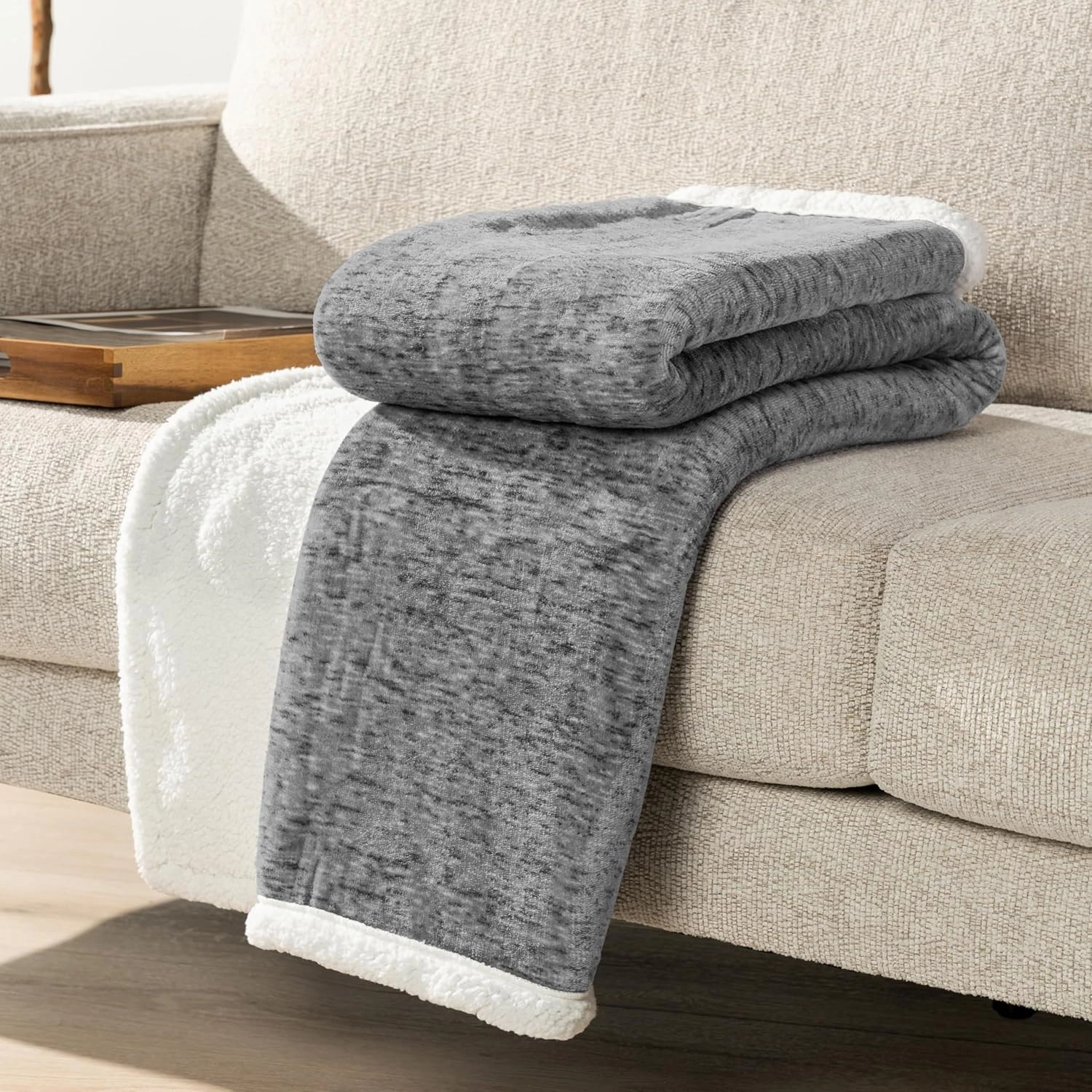 PAVILIA Melange Dark Gray Sherpa Blanket Throw for Couch, Warm Soft Cozy Reversible Blanket Sofa Bed, Thick Plush Large Fleece Car Blanket, Decorative Home Room Decor Gifts Men Women, 50x60 Dark Grey