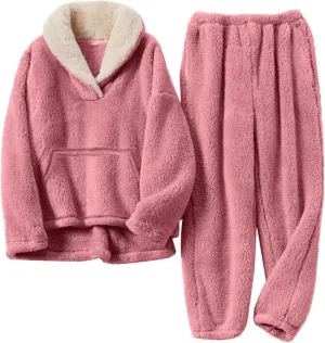 PEHMEA Women's Fluffy Fleece Pajamas Set Winter 2 Piece Plush Pullover and Pants Loungewear Sleepwear