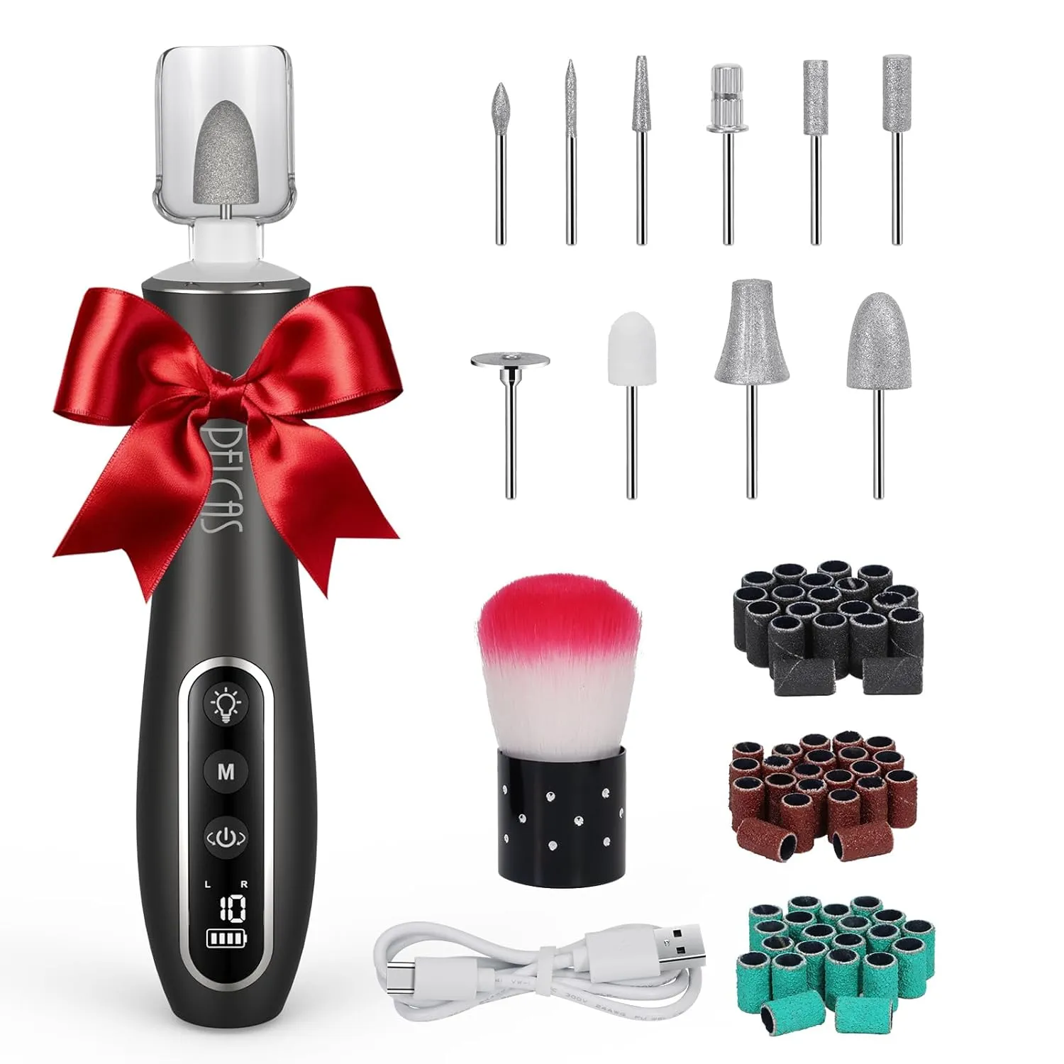 PELCAS Electric Nail Drills, Professional Cordless Nail File Kit with Light, 10 Speeds Manicure & Pedicure Kit for Human, Pet, Thick Toenails, Natural & Acrylic Nails Grey