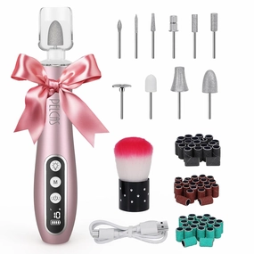 PELCAS Electric Nail File, 10 Speeds Cordless Nail Drill Kit with LED Light, Professional Nail Grinder with LCD Screen Portable e File for Human, Pet, Thick Toenails, Natural & Acrylic Nails Pink
