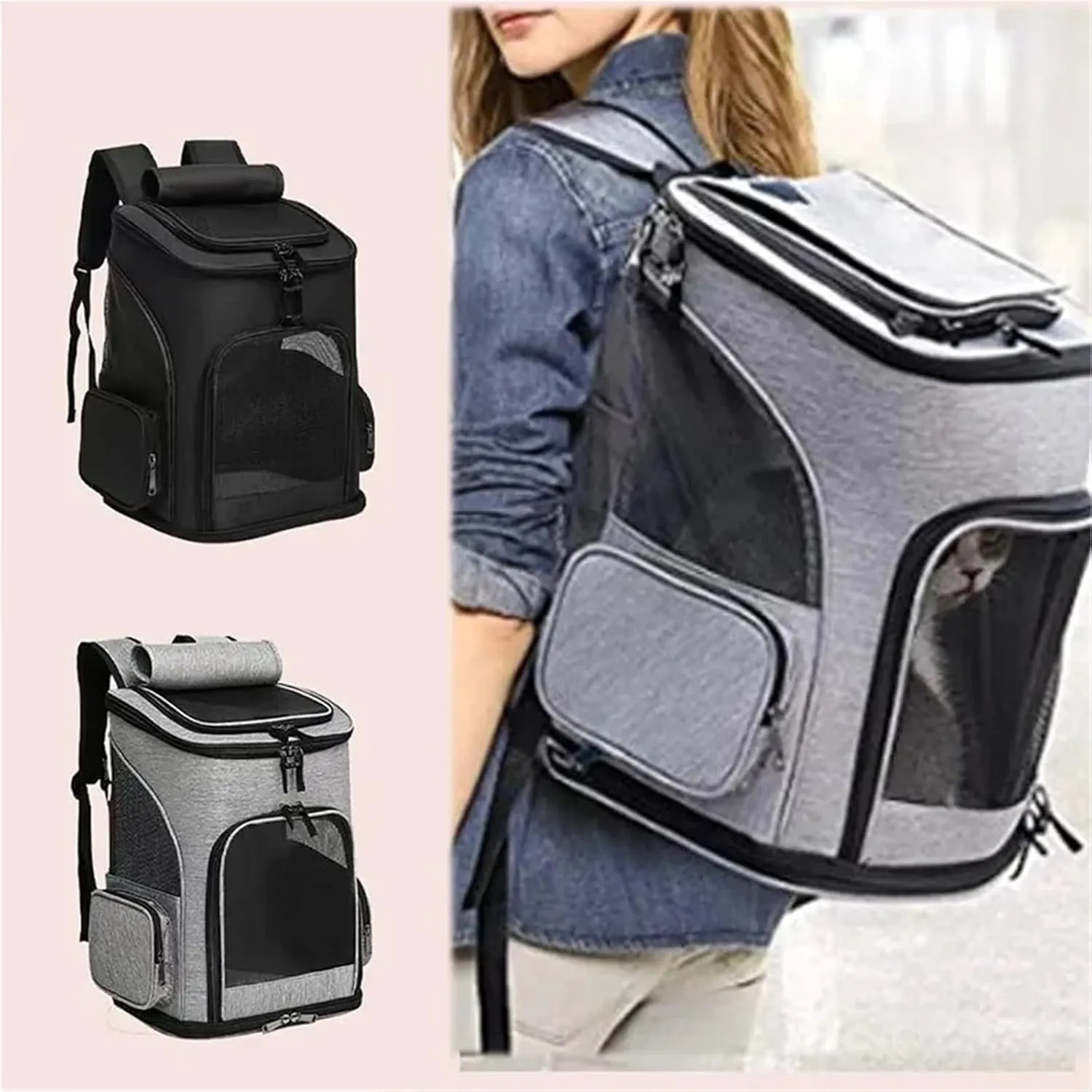 Pet Supplies Out Puppy Backpack Expandable Pet Bag Large Capacity Breathable Portable Cat Backpack Foldable Dog Bag(Gray)