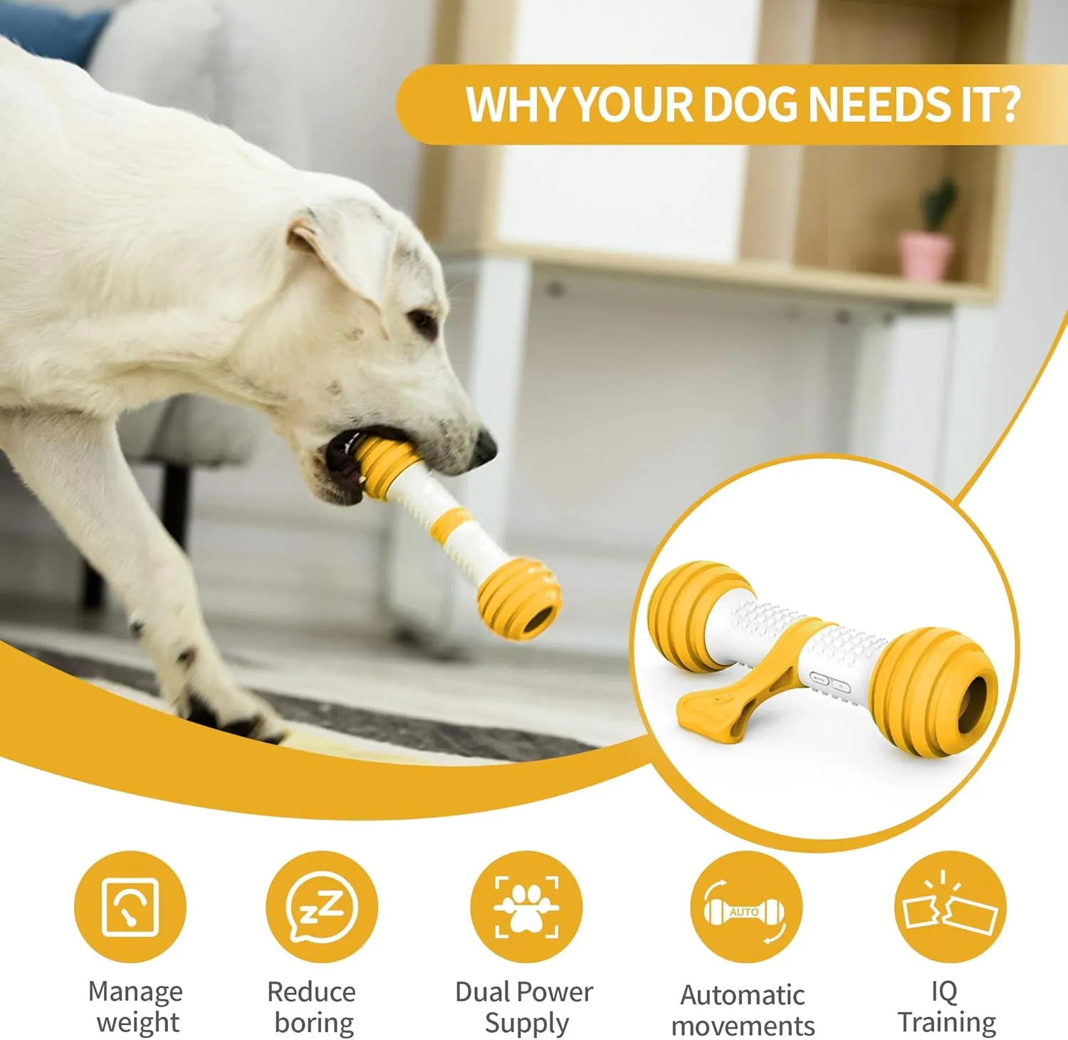 PETGEEK Interactive Dog Toys, Motion Activated Electronic Dog Toy Interactive Dog Bone Toys for Medium Large Dogs, USB Rechargeable Automatic Dog Toy for Boredom and Stimulating (Yellow)