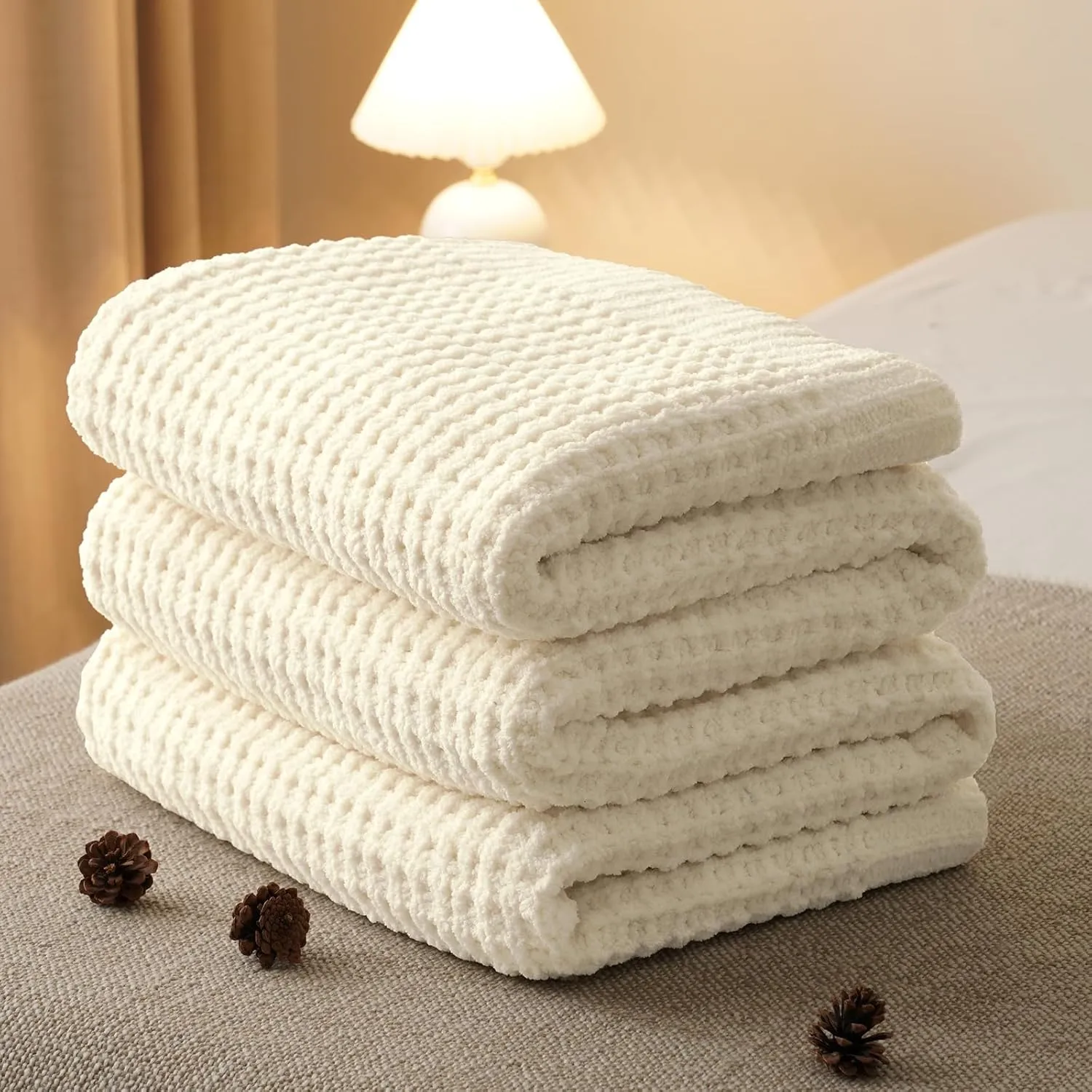 PHF Chenille Waffle Knit Blanket Twin Size- Plush Warm & Cozy 60" x 80" Ultra Soft Blanket- Chunky Fluffy Waffle Bedding for Home Decor - Cream