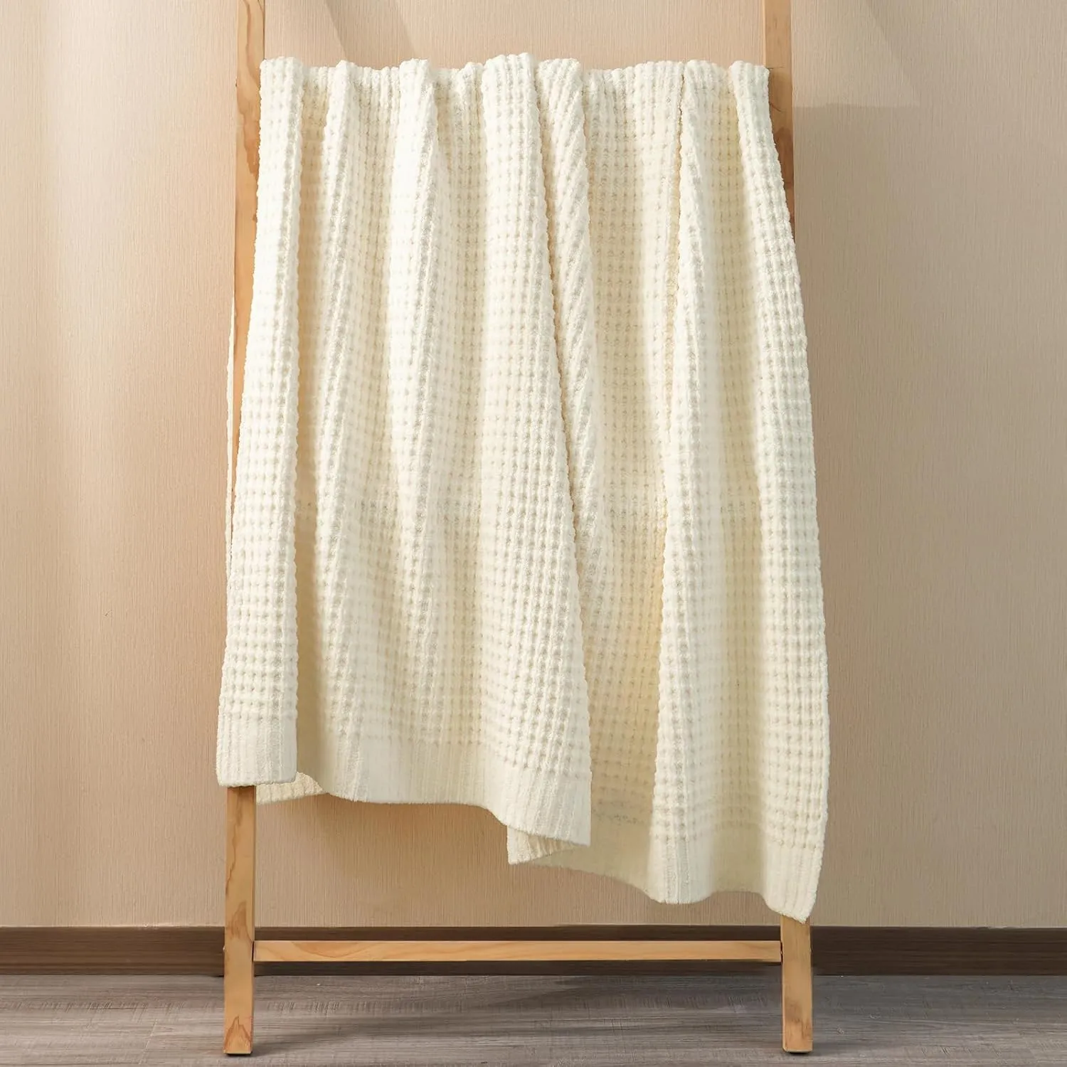 PHF Chenille Waffle Knit Blanket Twin Size- Plush Warm & Cozy 60" x 80" Ultra Soft Blanket- Chunky Fluffy Waffle Bedding for Home Decor - Cream