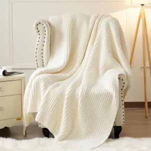 PHF Chenille Waffle Knit Blanket Twin Size- Plush Warm & Cozy 60" x 80" Ultra Soft Blanket- Chunky Fluffy Waffle Bedding for Home Decor - Cream