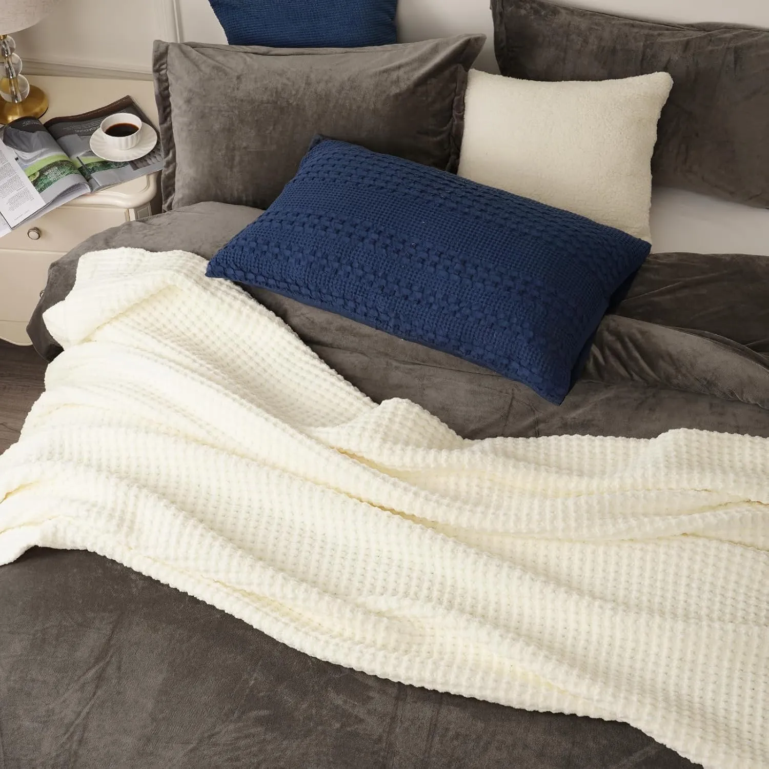 PHF Chenille Waffle Knit Blanket Twin Size- Plush Warm & Cozy 60" x 80" Ultra Soft Blanket- Chunky Fluffy Waffle Bedding for Home Decor - Cream