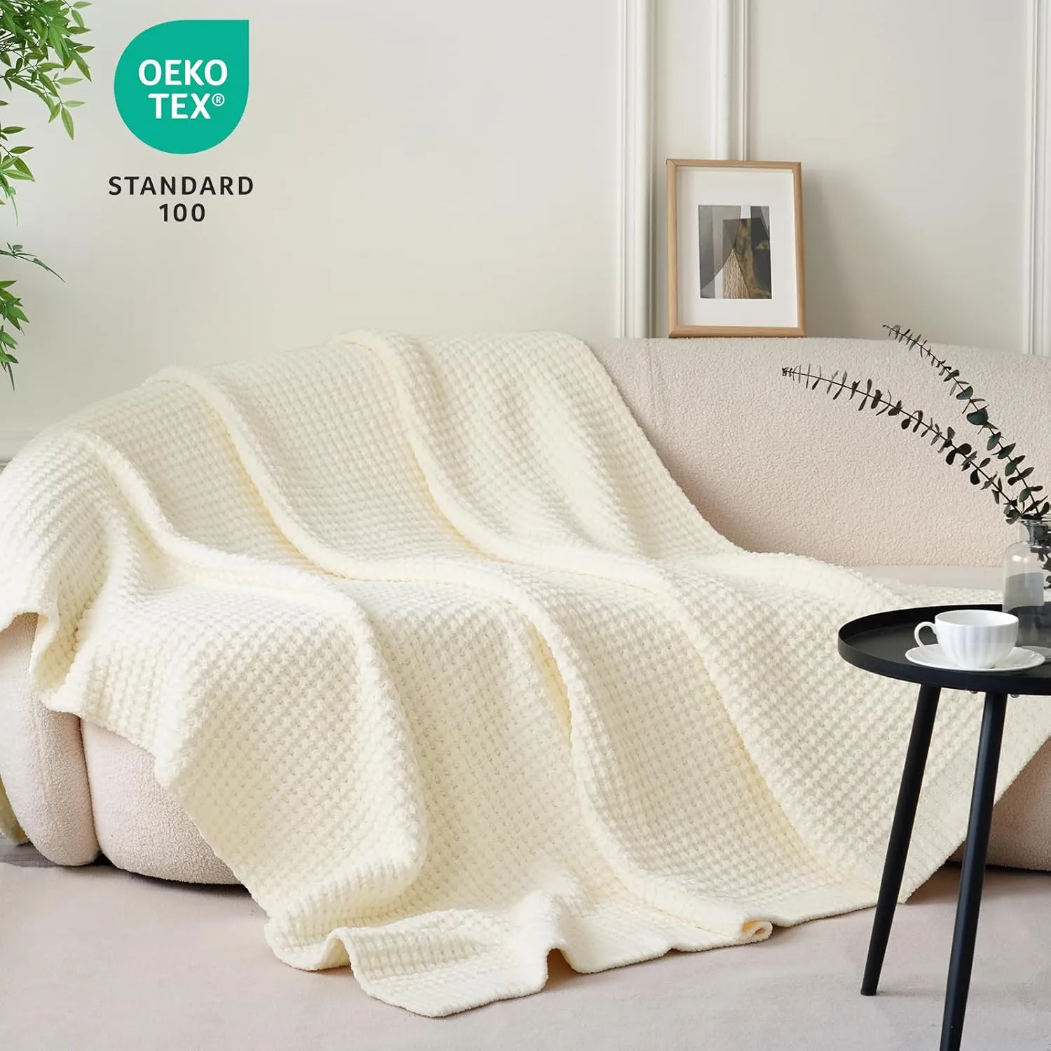 PHF Chenille Waffle Knit Blanket Twin Size- Plush Warm & Cozy 60" x 80" Ultra Soft Blanket- Chunky Fluffy Waffle Bedding for Home Decor - Cream