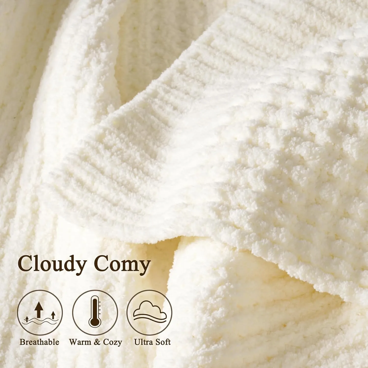 PHF Chenille Waffle Knit Blanket Twin Size- Plush Warm & Cozy 60" x 80" Ultra Soft Blanket- Chunky Fluffy Waffle Bedding for Home Decor - Cream
