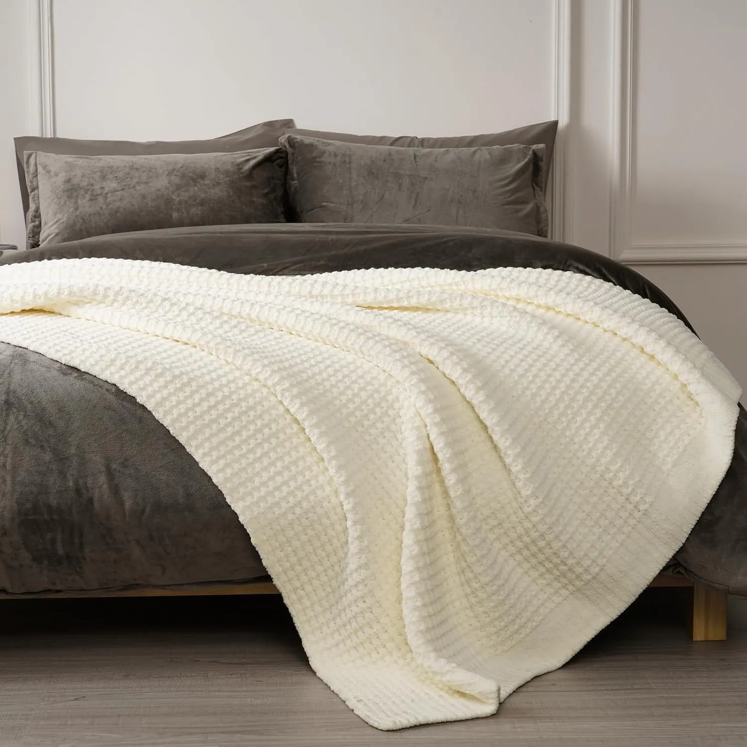 PHF Chenille Waffle Knit Blanket Twin Size- Plush Warm & Cozy 60" x 80" Ultra Soft Blanket- Chunky Fluffy Waffle Bedding for Home Decor - Cream