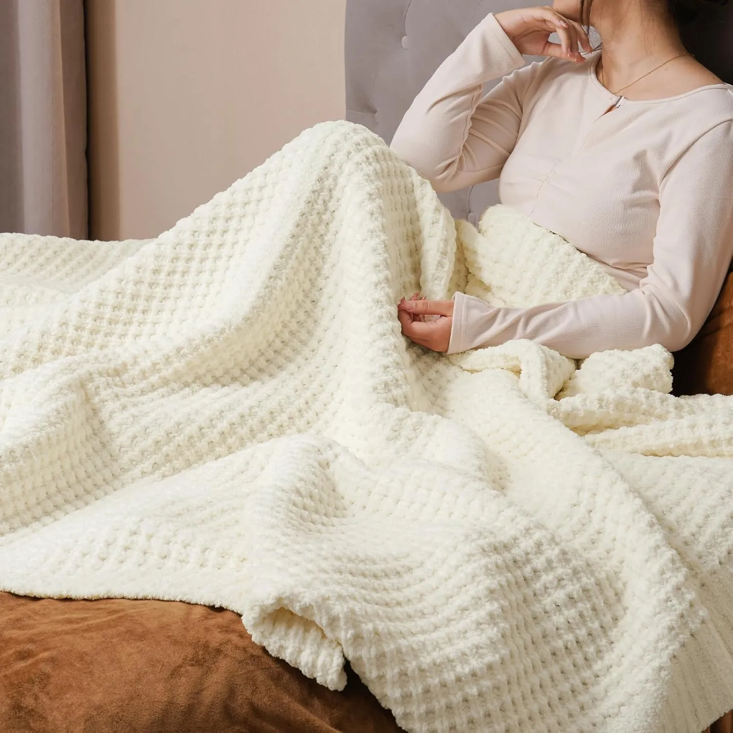 PHF Chenille Waffle Knit Blanket Twin Size- Plush Warm & Cozy 60" x 80" Ultra Soft Blanket- Chunky Fluffy Waffle Bedding for Home Decor - Cream