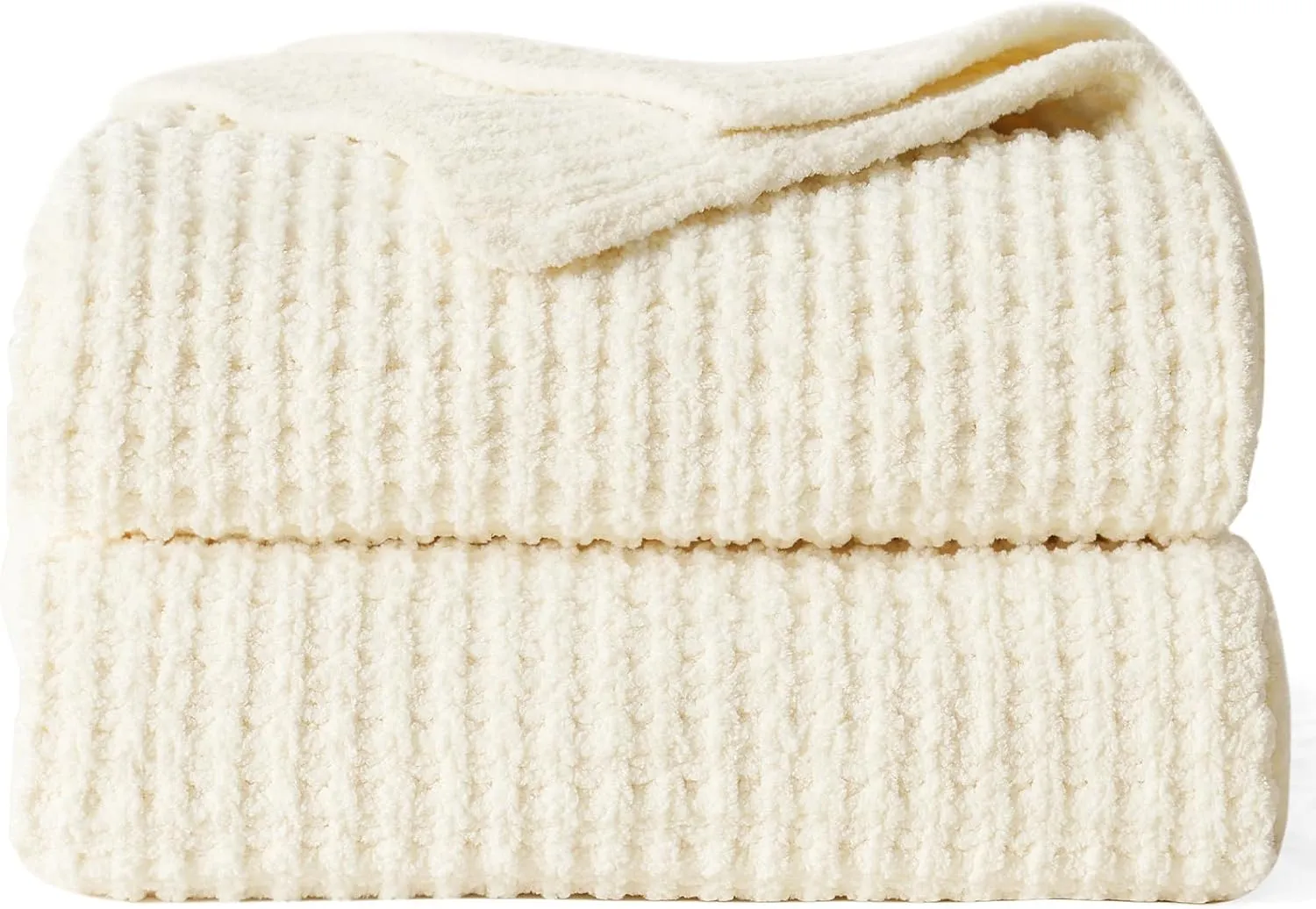 PHF Chenille Waffle Knit Blanket Twin Size- Plush Warm & Cozy 60" x 80" Ultra Soft Blanket- Chunky Fluffy Waffle Bedding for Home Decor - Cream