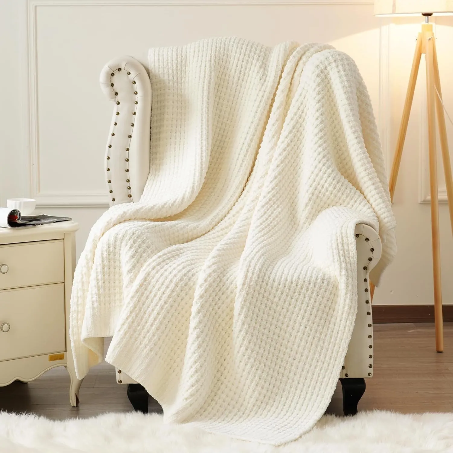 PHF Chenille Waffle Knit Blanket Twin Size- Plush Warm & Cozy 60" x 80" Ultra Soft Blanket- Chunky Fluffy Waffle Bedding for Home Decor - Cream