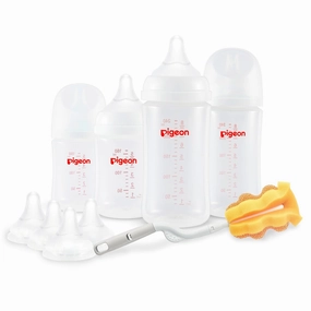 Pigeon Baby Bottle Newborn Feeding Gift Set, Anti-Colic, Wide Neck Bottle with Latch-On Line Nipple (4 PP Feeding Bottles with Nipples  4 Nipples   1 Baby Bottle Brush)