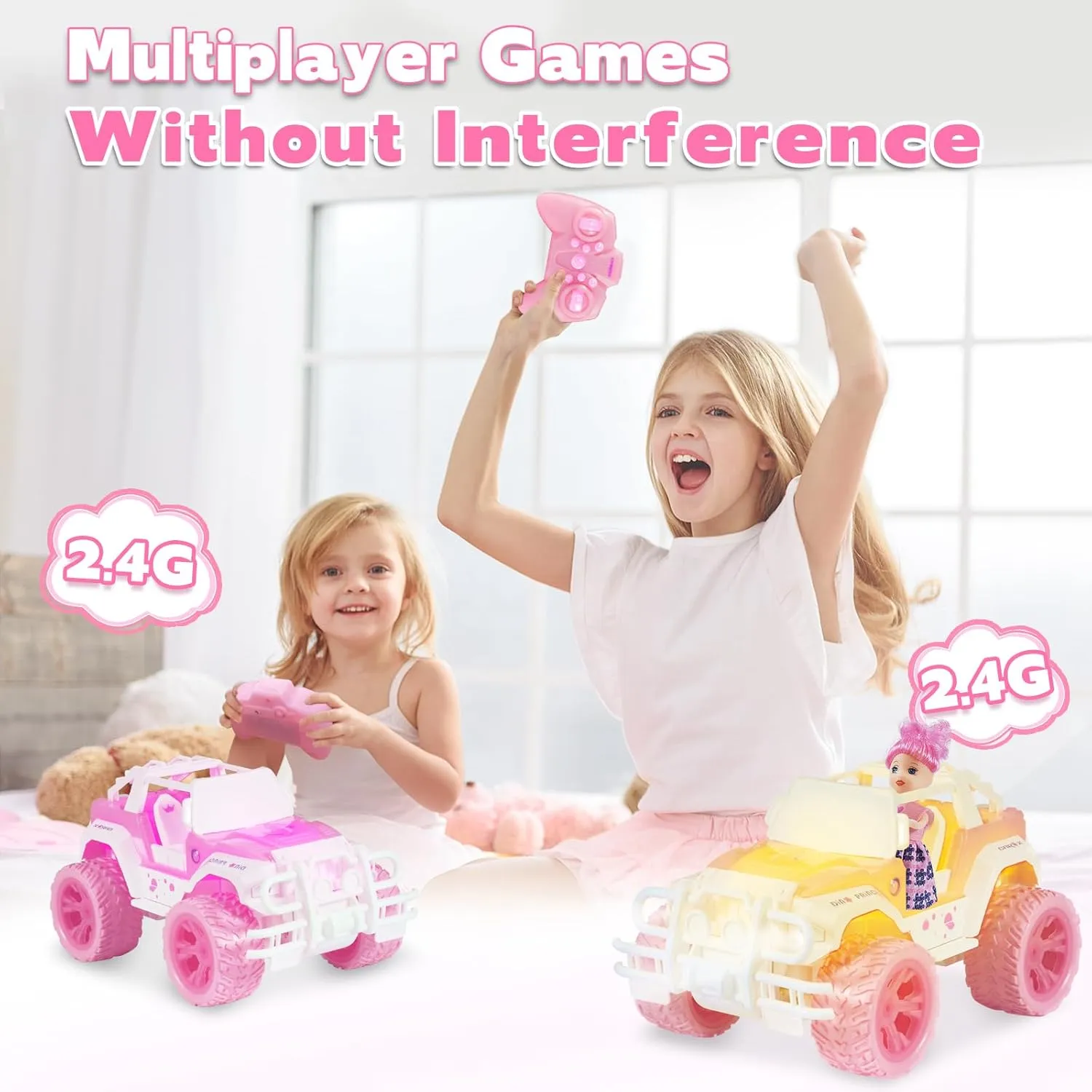 Pink RC Cars for Girls, 1:16 Scale Cute Remote Control Car with 9 LED Colorful Light & Multiple Music Mode, 80 Mins Play 2.4GHz RC Trucks with Rechargeable Battery, Pretty Toys Gifts for Kids