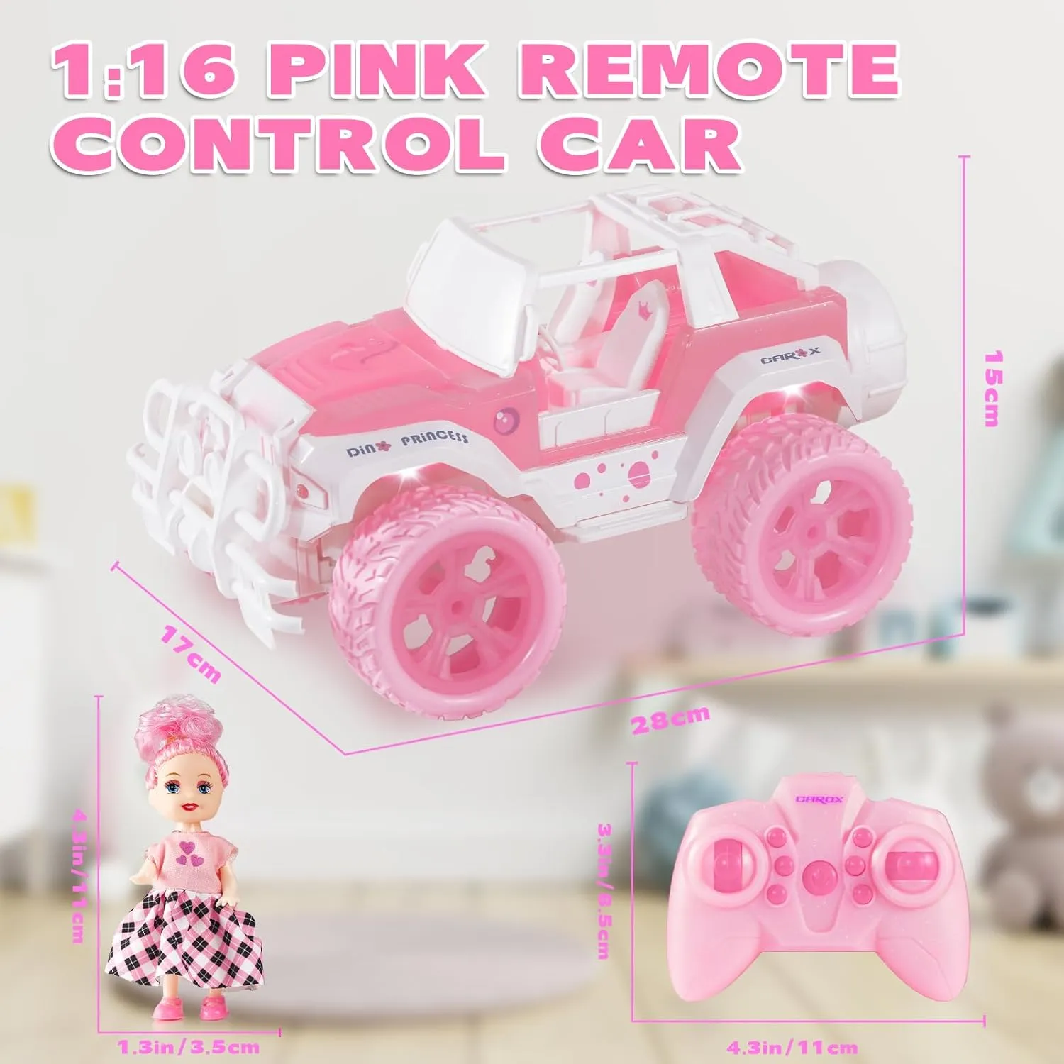 Pink RC Cars for Girls, 1:16 Scale Cute Remote Control Car with 9 LED Colorful Light & Multiple Music Mode, 80 Mins Play 2.4GHz RC Trucks with Rechargeable Battery, Pretty Toys Gifts for Kids