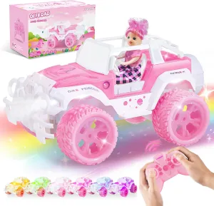 Pink RC Cars for Girls, 1:16 Scale Cute Remote Control Car with 9 LED Colorful Light & Multiple Music Mode, 80 Mins Play 2.4GHz RC Trucks with Rechargeable Battery, Pretty Toys Gifts for Kids