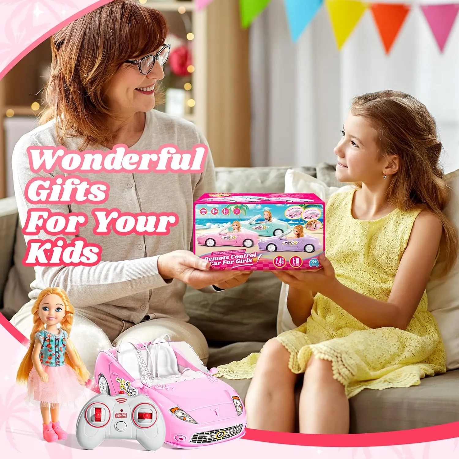 Pink Remote Control Car for Girls, 1:18 Scale RC Cars with LED Light, 2.4 GHZ Pink Truck Toy with 100 Min Long-Lasting Rechargeable Batteries, Gifts for Boys Girls Aged 4-7