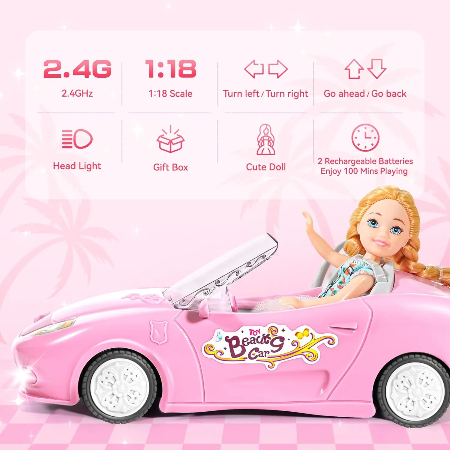 Pink Remote Control Car for Girls, 1:18 Scale RC Cars with LED Light, 2.4 GHZ Pink Truck Toy with 100 Min Long-Lasting Rechargeable Batteries, Gifts for Boys Girls Aged 4-7