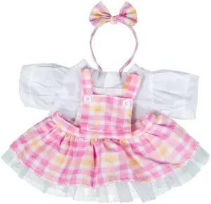 Plaid Pinafore Dress with Bow Headband Outfit for 14 to 18 Inch Plush Toys, Fits Build A Bear and Stuffed Animals Doll Clothes for Teddy Bears, Bunny, and More