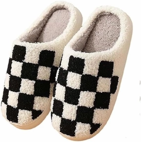 Plaid Slippers, Home Slippers for Women and Men, Fluffy Memory Foam, Indoor/Outdoor, Warm Velvet (black, Adult, Women, 7, Numeric, US Footwear Size System, Medium)
