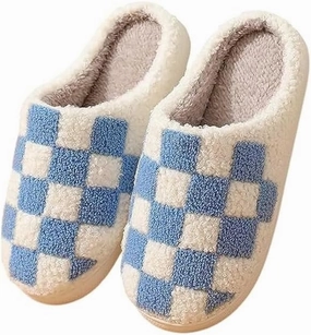 Plaid Slippers, Home Slippers for Women and Men, Fluffy Memory Foam, Indoor/Outdoor, Warm Velvet (blue, Adult, Women, 8, Numeric, US Footwear Size System, Medium)