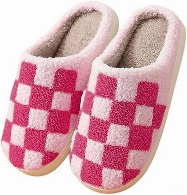 Plaid Slippers, Home Slippers for Women and Men, Fluffy Memory Foam, Indoor/Outdoor, Warm Velvet (pink, Adult, Women, 10, Numeric, US Footwear Size System, Medium)