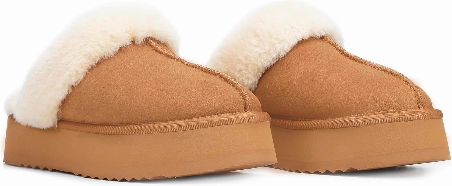 Platform Slippers for Women Indoor Outdoor Suede Leather Fuzzy House Shoes