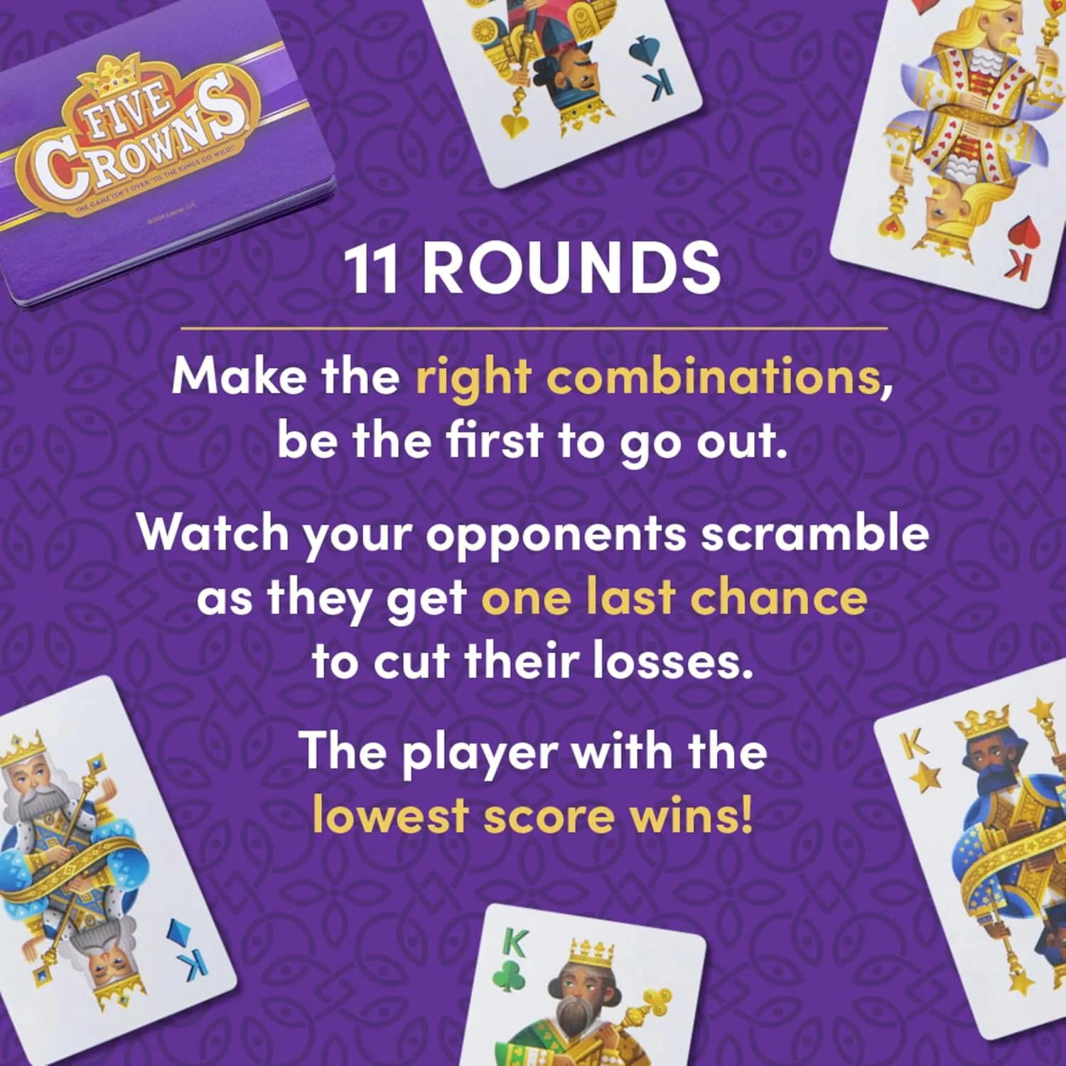 PlayMonster Five Crowns Collectible Tin – Card Game for Kids and Adults, Family Game Night, The Game isn’t Over Until the Kings Go Wild!, 5 Suited Rummy Style Card Game, 1-7 Players, Ages 8 
