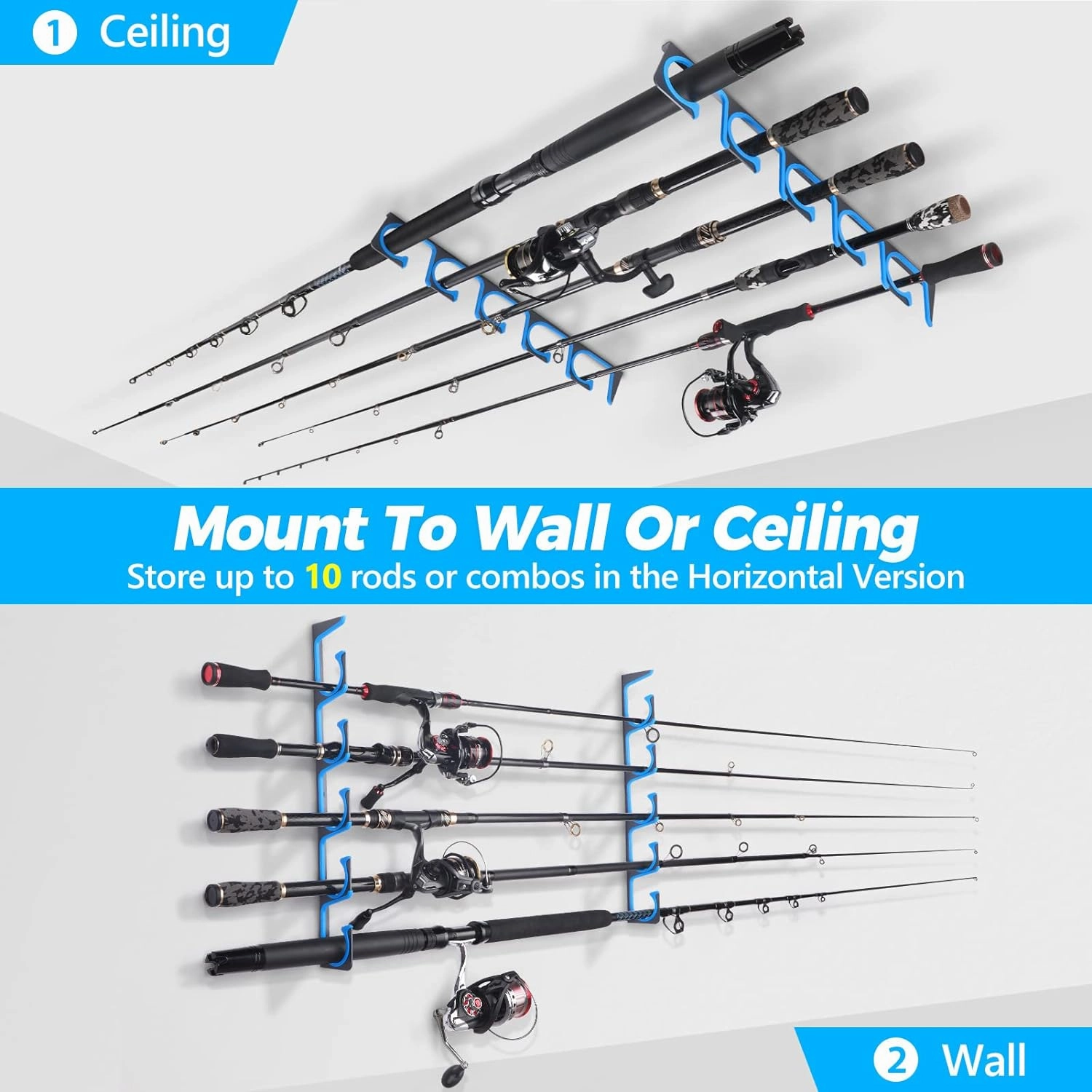 PLUSINNO H5 Horizontal Fishing Rod/Pole Holders for Garage, Wall or Ceiling Mounted Fishing Rod Rack, Aviation Aluminum Fishing Holder Holds up to 5/10/20 Rod or Combos or Nets Storage Racks