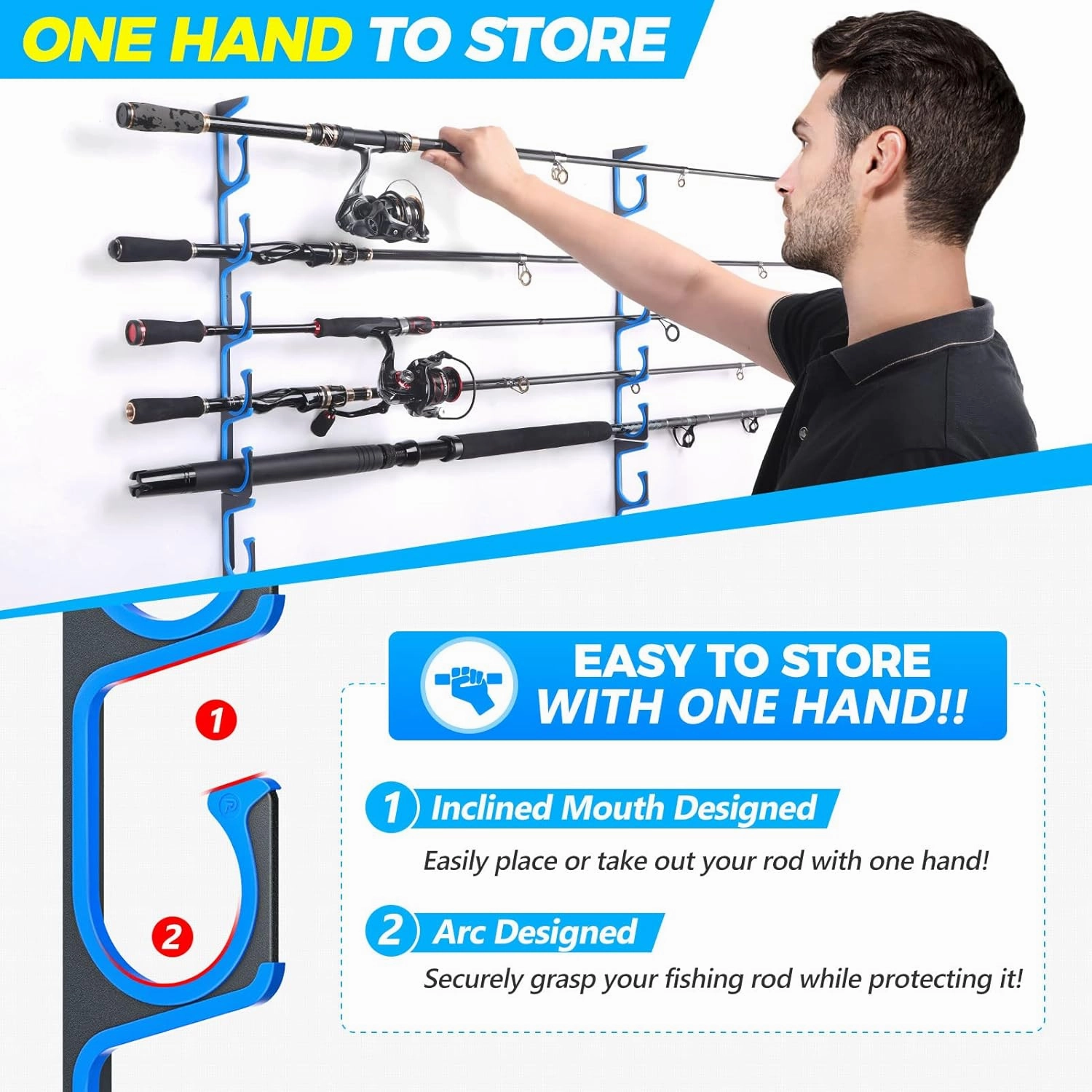 PLUSINNO H5 Horizontal Fishing Rod/Pole Holders for Garage, Wall or Ceiling Mounted Fishing Rod Rack, Aviation Aluminum Fishing Holder Holds up to 5/10/20 Rod or Combos or Nets Storage Racks
