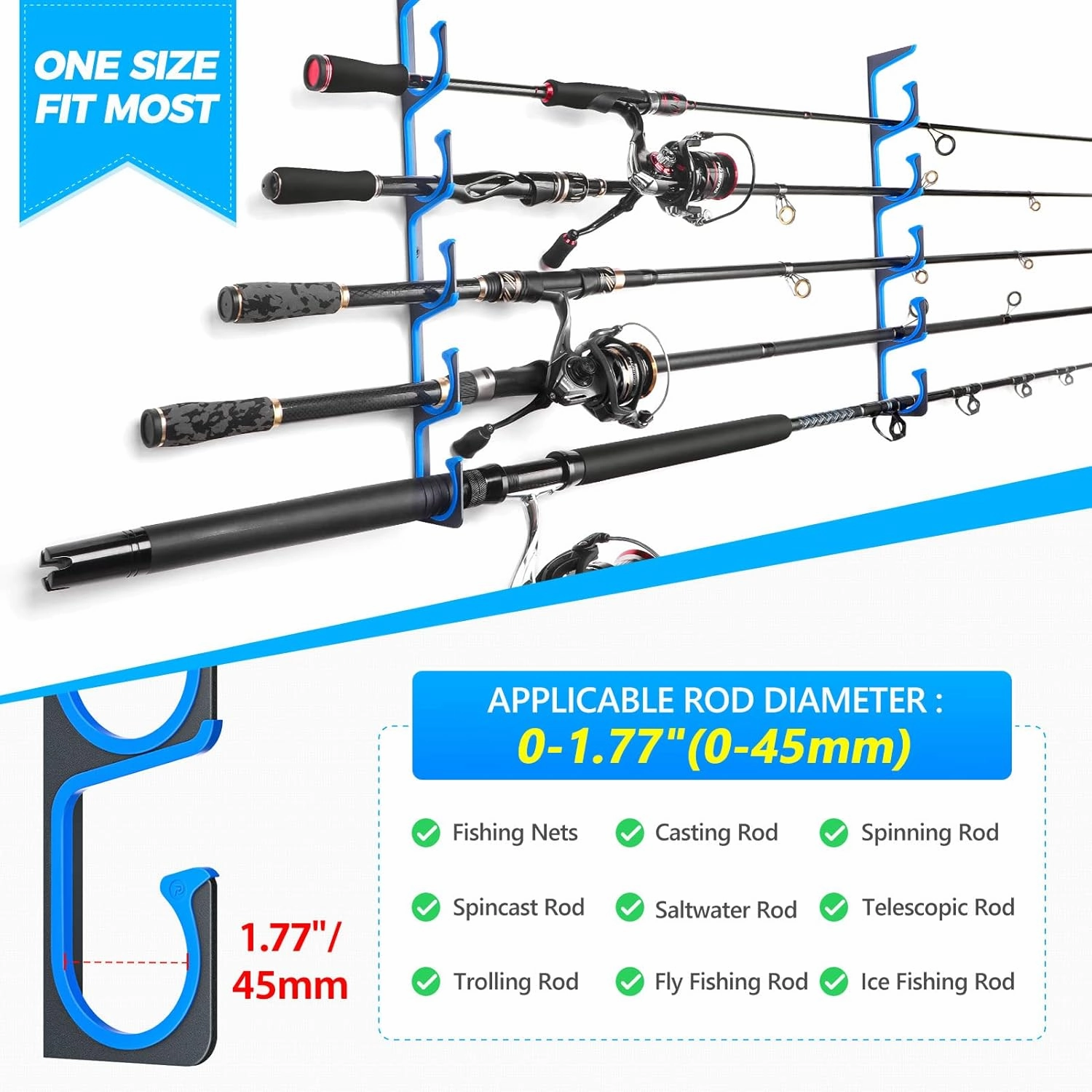 PLUSINNO H5 Horizontal Fishing Rod/Pole Holders for Garage, Wall or Ceiling Mounted Fishing Rod Rack, Aviation Aluminum Fishing Holder Holds up to 5/10/20 Rod or Combos or Nets Storage Racks