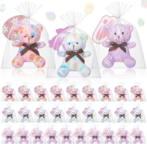 Poen 27 Pack Easter Mini Plush Bears with Cards Set Stuffed Pastel Bunny Plush Easter Baskets Filler Stuffers Classroom Exchange Prize Gift for Egg Hunt Party Favors