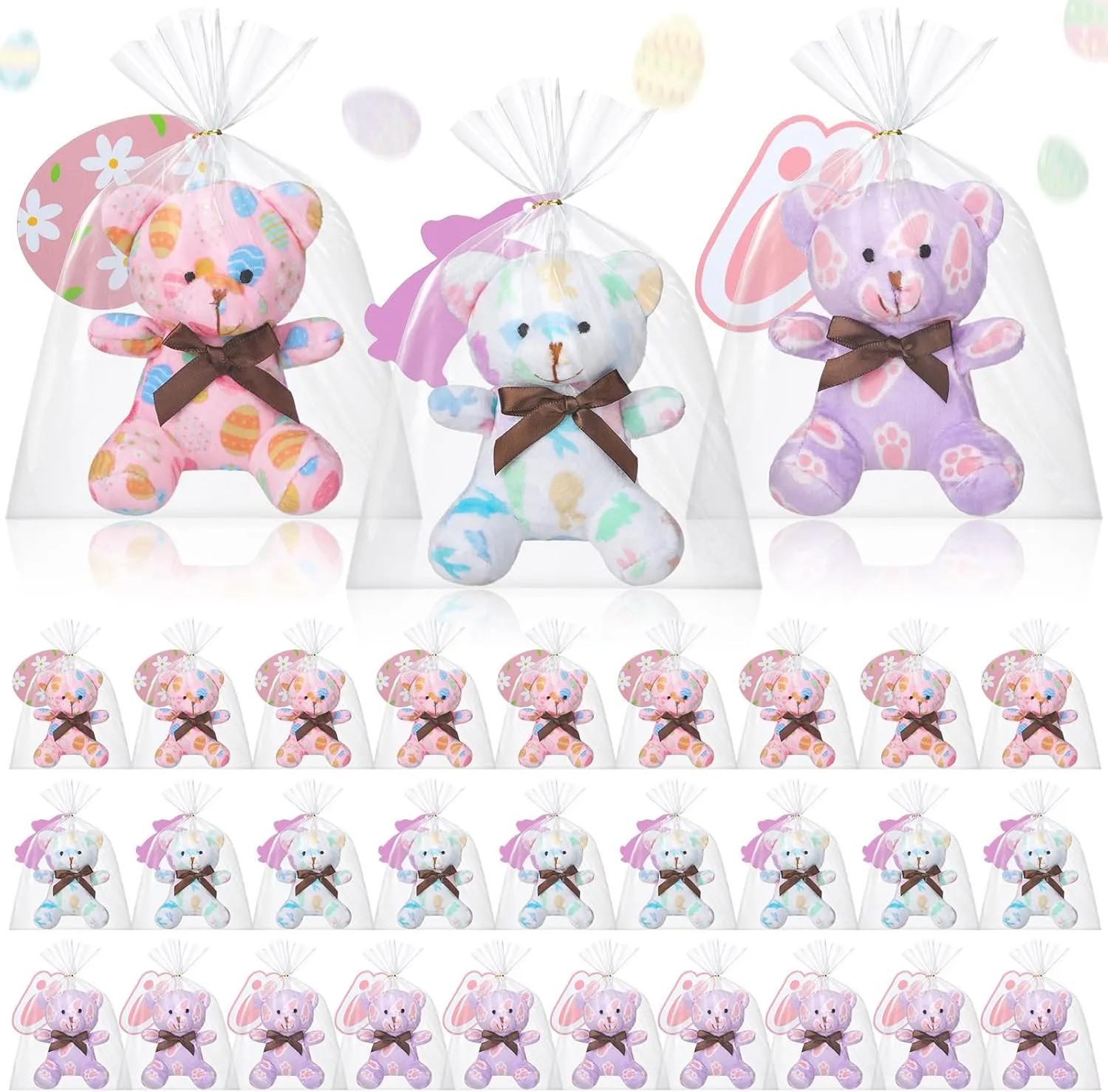 Poen 27 Pack Easter Mini Plush Bears with Cards Set Stuffed Pastel Bunny Plush Easter Baskets Filler Stuffers Classroom Exchange Prize Gift for Egg Hunt Party Favors