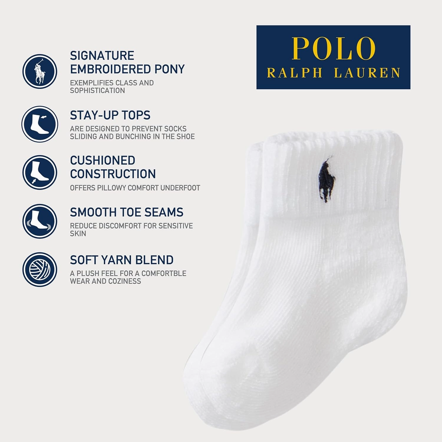 Polo Ralph Lauren Baby Classic Sport Ankle Socks-6 Pair Pack-Soft Stretchy Yarn & Stay Up Top