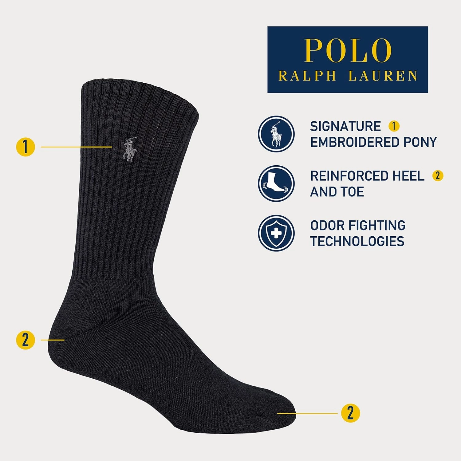 Polo Ralph Lauren Men's Ribbed Casual Crew Socks -3 Pair Pack- Cotton Comfort & Heel-toe Reinforcement