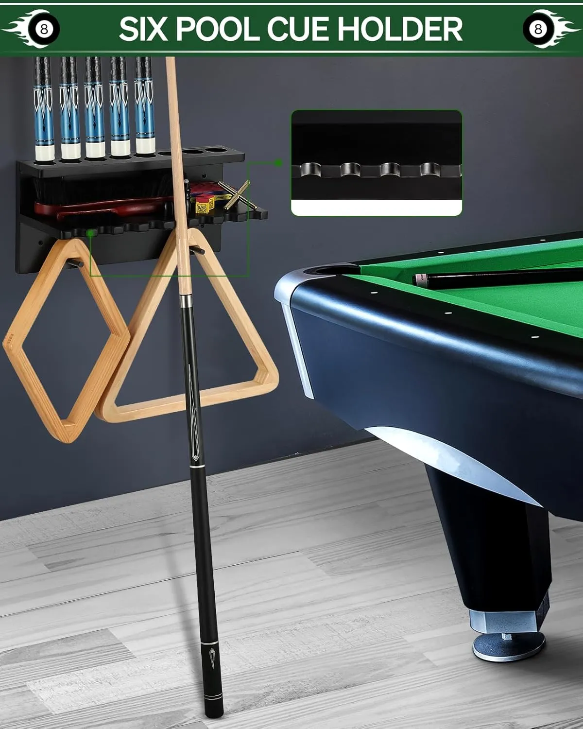 Pool Cue Rack Stick Holder Billiards Pool Cue Rack Hardwood Pool Cue Set Holder for 8 Cues Sticks Storage Pool Table Accessories Equipment Organizer