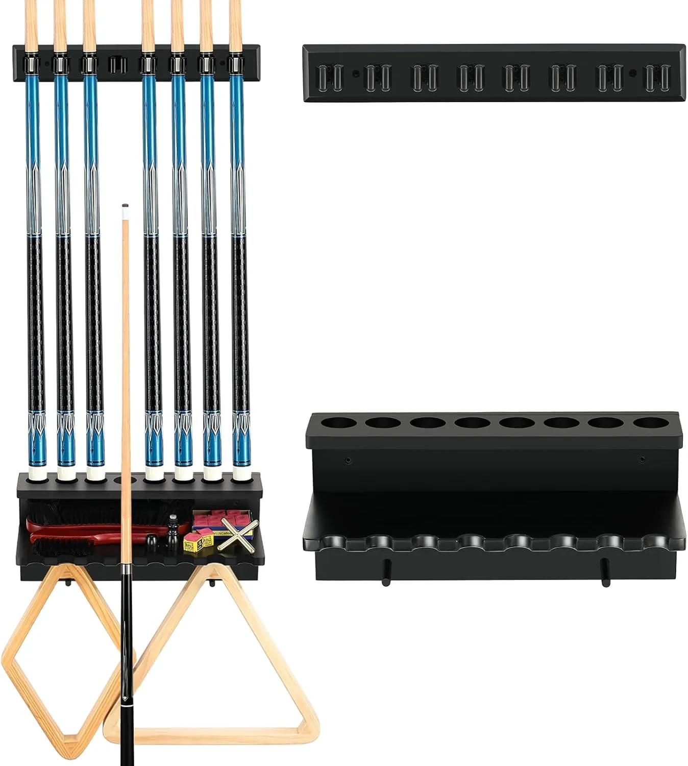Pool Cue Rack Stick Holder Billiards Pool Cue Rack Hardwood Pool Cue Set Holder for 8 Cues Sticks Storage Pool Table Accessories Equipment Organizer