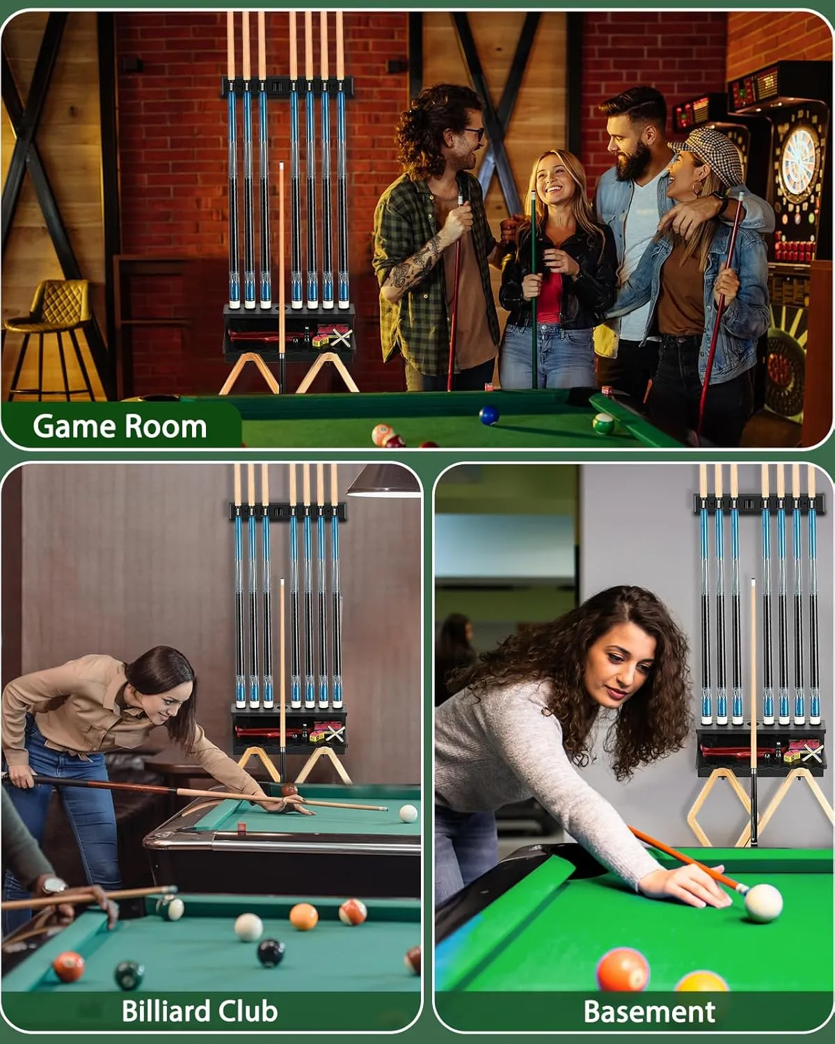 Pool Cue Rack Stick Holder Billiards Pool Cue Rack Hardwood Pool Cue Set Holder for 8 Cues Sticks Storage Pool Table Accessories Equipment Organizer