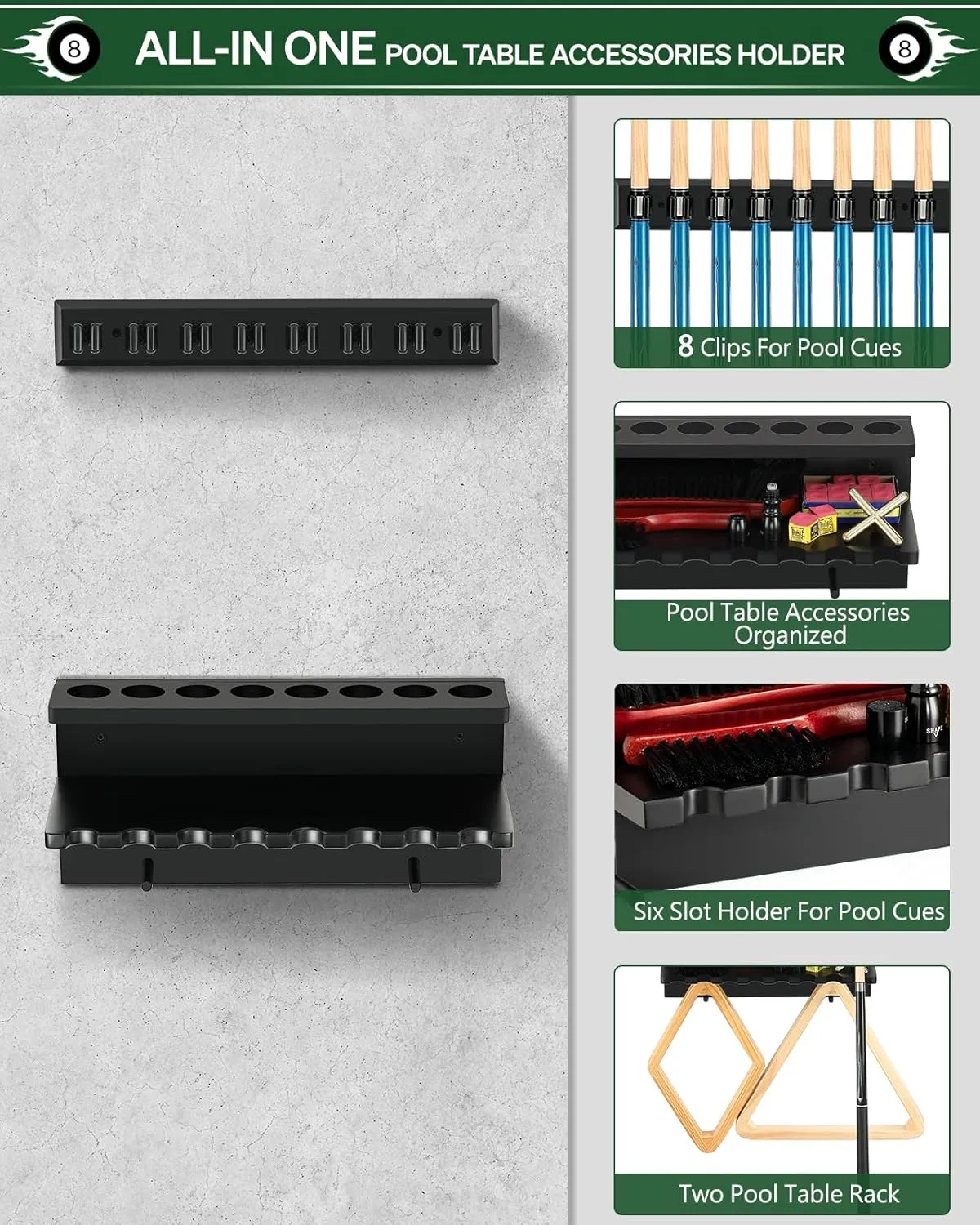 Pool Cue Rack Stick Holder Billiards Pool Cue Rack Hardwood Pool Cue Set Holder for 8 Cues Sticks Storage Pool Table Accessories Equipment Organizer