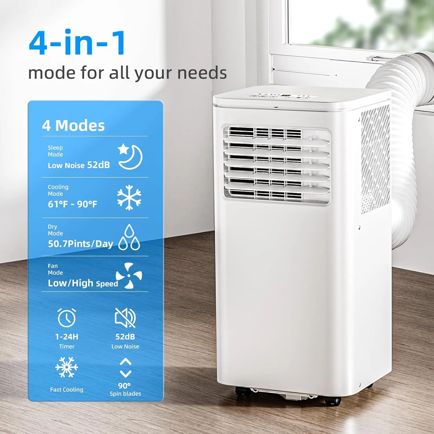 Portable Air Conditioner 8000 BTU, Remote Control, Fan Mode, Cools 350sq. ft, 24 Hour Timer, Quiet Operation,Window, 2 Fan Speed for Bedroom Office Home Dorm