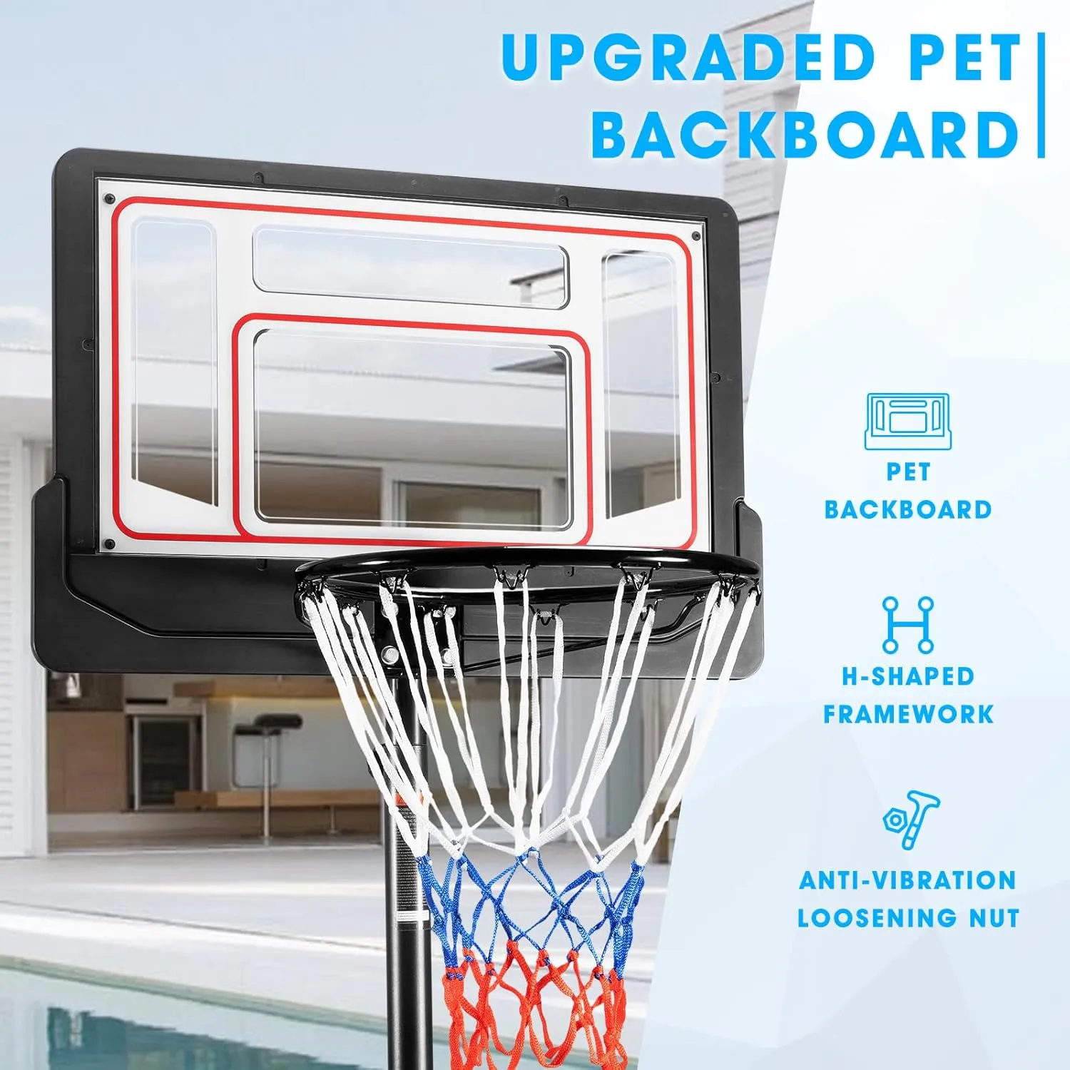 Portable Basketball Hoop Outdoor, 4.7-6.9FT/4.4-10 FT Adjustable Basketball Hoop for Kids and Adults in Outdoor/Indoor,with Sturdy PE Base and PET Backboard,Easy Assembly for Home Use