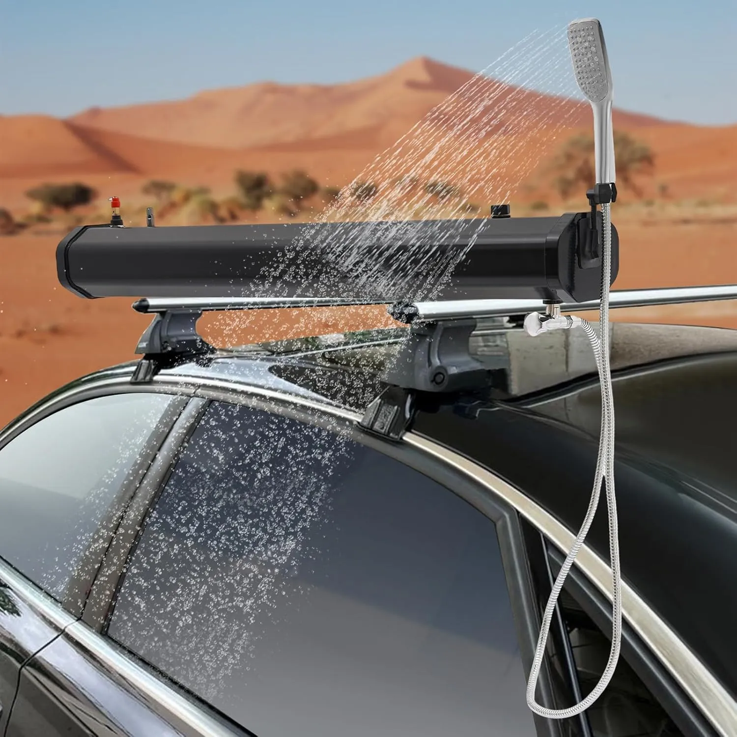 Pressurized Water Tank for Camping, Roof Rack Mount Road Shower w/Water Hose & Storage Bag, Portable Camping Showerhead Handheld Off Road Shower for Hiking, Car Wash, Pet Cleaning