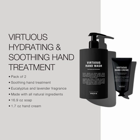 PREVIA Virtuous Soap Set - Soothing Hand Wash (16.9 oz) & Hydrating Hand Cream (1.7 oz), Nourishing Skincare Duo with Lavender & Geranium, Vegan & Natural Ingredients